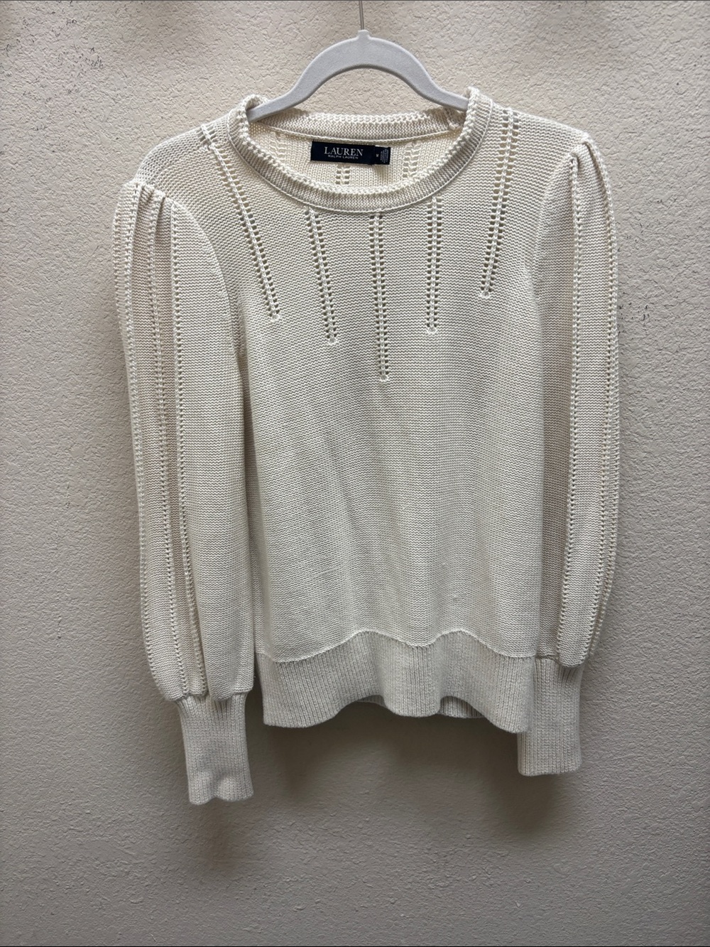 Lauren Ralph Lauren Cream Crewneck Sweater with Puff Sleeves